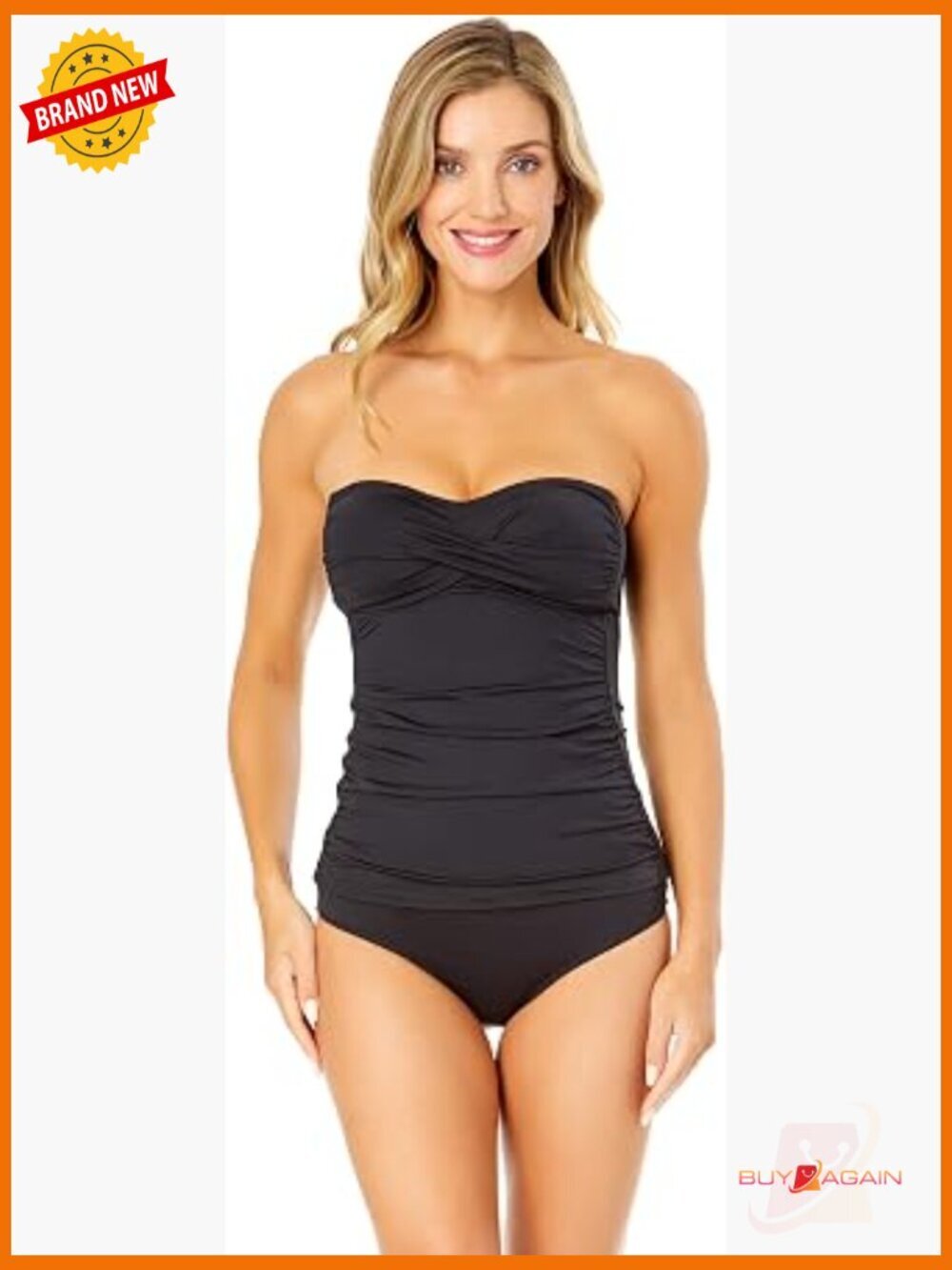 Twist Front Shirred Bandeau Tankini Top With Removable Strap